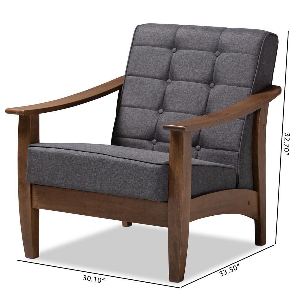 Larsen Mid-Century Modern Gray Fabric Upholstered Walnut Wood Lounge Chair FredCo