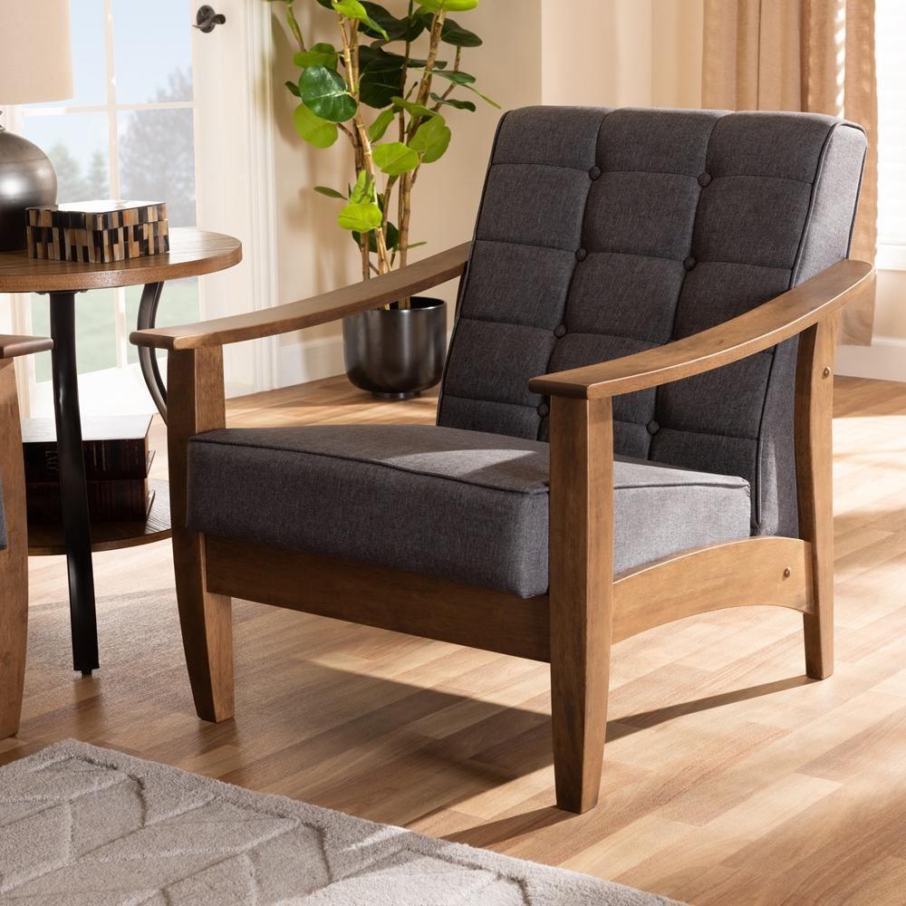 Larsen Mid-Century Modern Gray Fabric Upholstered Walnut Wood Lounge Chair FredCo