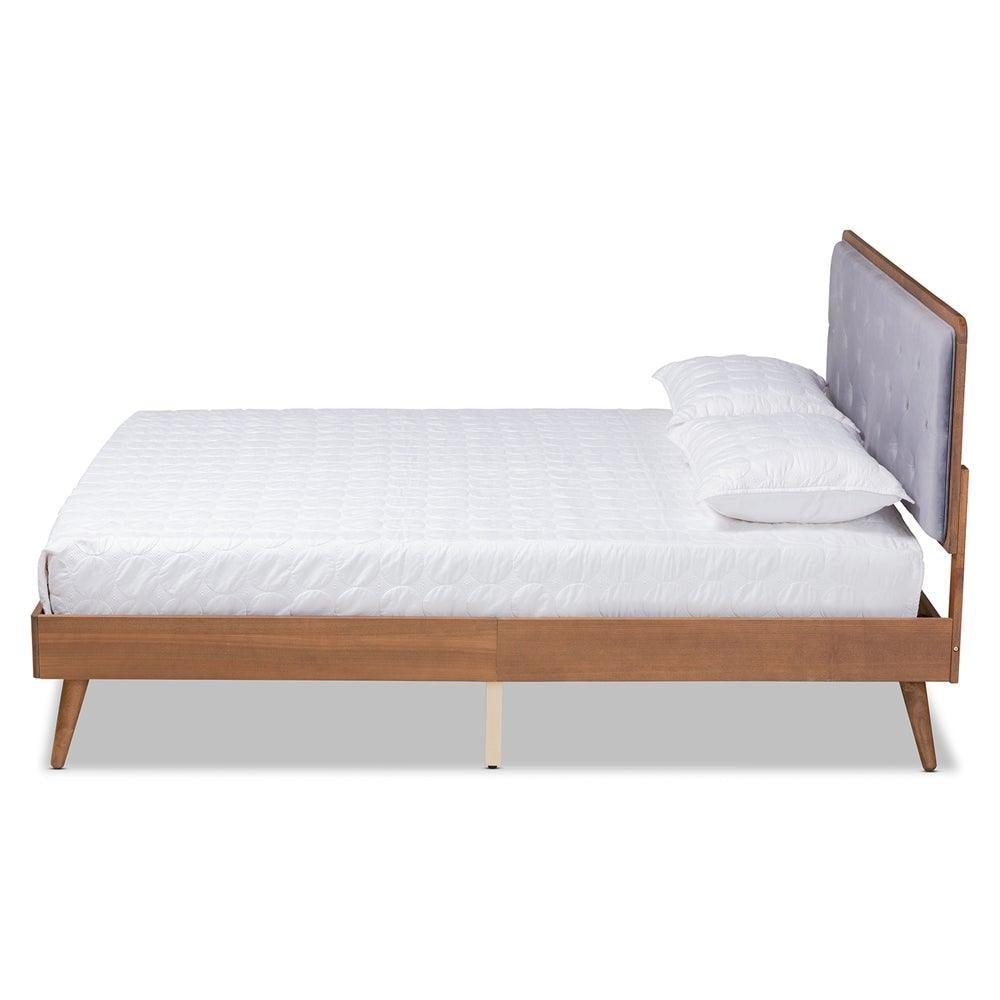 Larue Modern and Contemporary Grey Velvet Fabric Upholstered and Walnut Brown Finished Wood King Size Platform Bed FredCo