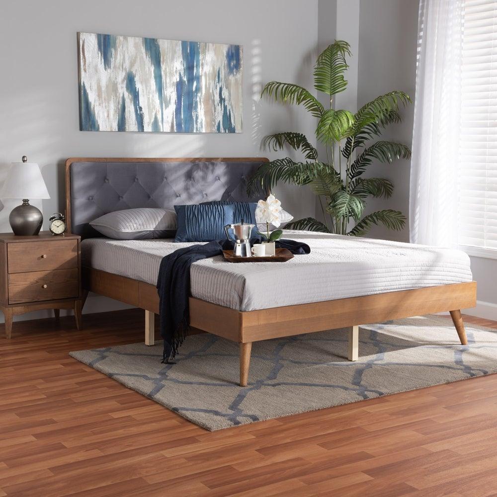 Larue Modern and Contemporary Grey Velvet Fabric Upholstered and Walnut Brown Finished Wood King Size Platform Bed FredCo