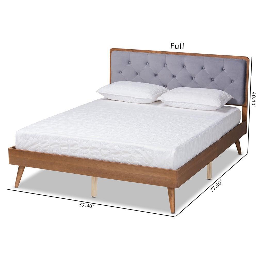 Larue Modern and Contemporary Grey Velvet Fabric Upholstered and Walnut Brown Finished Wood King Size Platform Bed FredCo