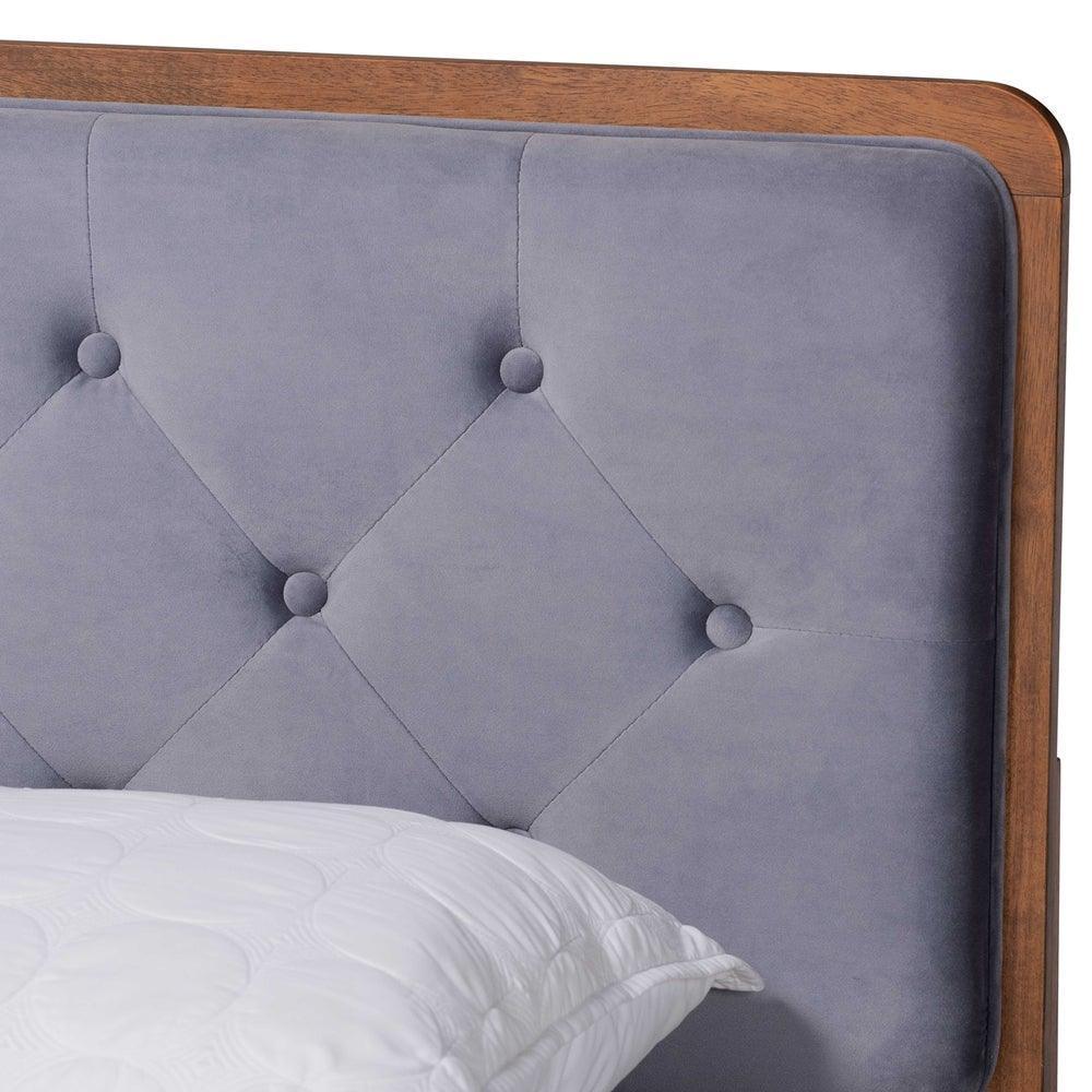 Larue Modern and Contemporary Grey Velvet Fabric Upholstered and Walnut Brown Finished Wood King Size Platform Bed FredCo