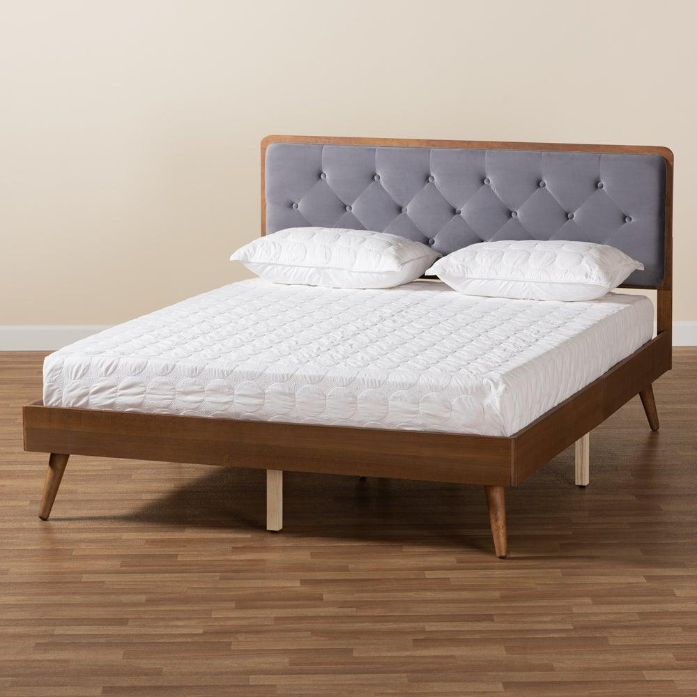 Larue Modern and Contemporary Grey Velvet Fabric Upholstered and Walnut Brown Finished Wood King Size Platform Bed FredCo