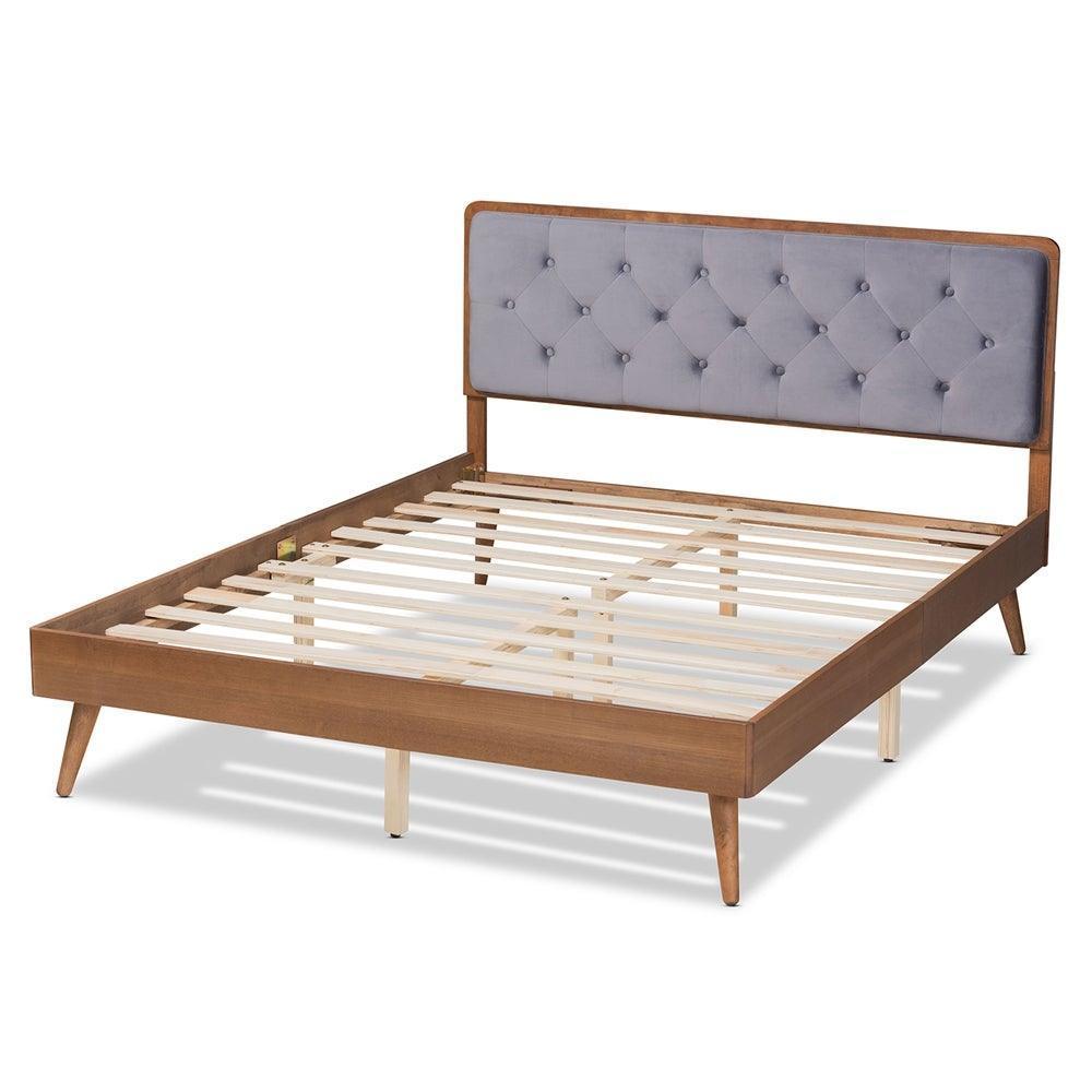 Larue Modern and Contemporary Grey Velvet Fabric Upholstered and Walnut Brown Finished Wood King Size Platform Bed FredCo