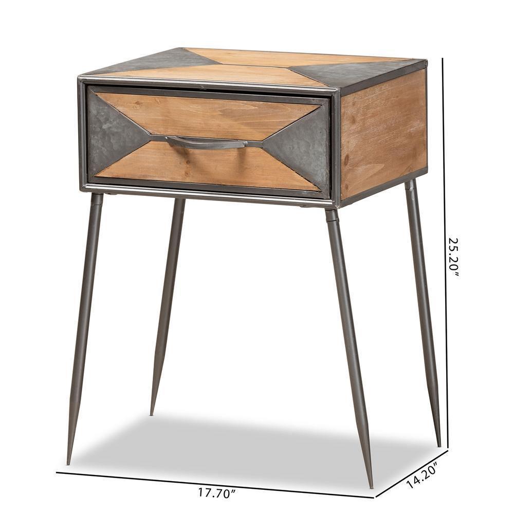 Laurel Rustic Industrial Antique Grey Finished Metal and Whitewashed Oak Brown Finished Wood 1-Drawer Nightstand FredCo