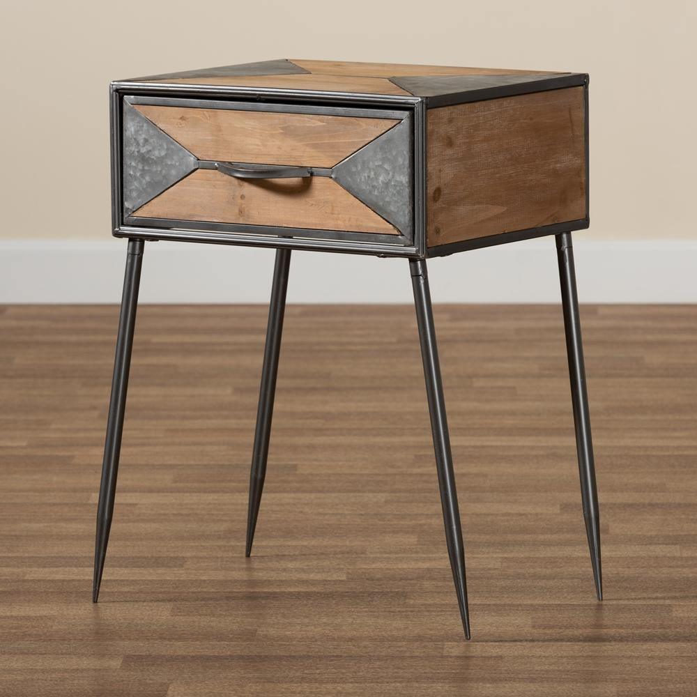 Laurel Rustic Industrial Antique Grey Finished Metal and Whitewashed Oak Brown Finished Wood 1-Drawer Nightstand FredCo