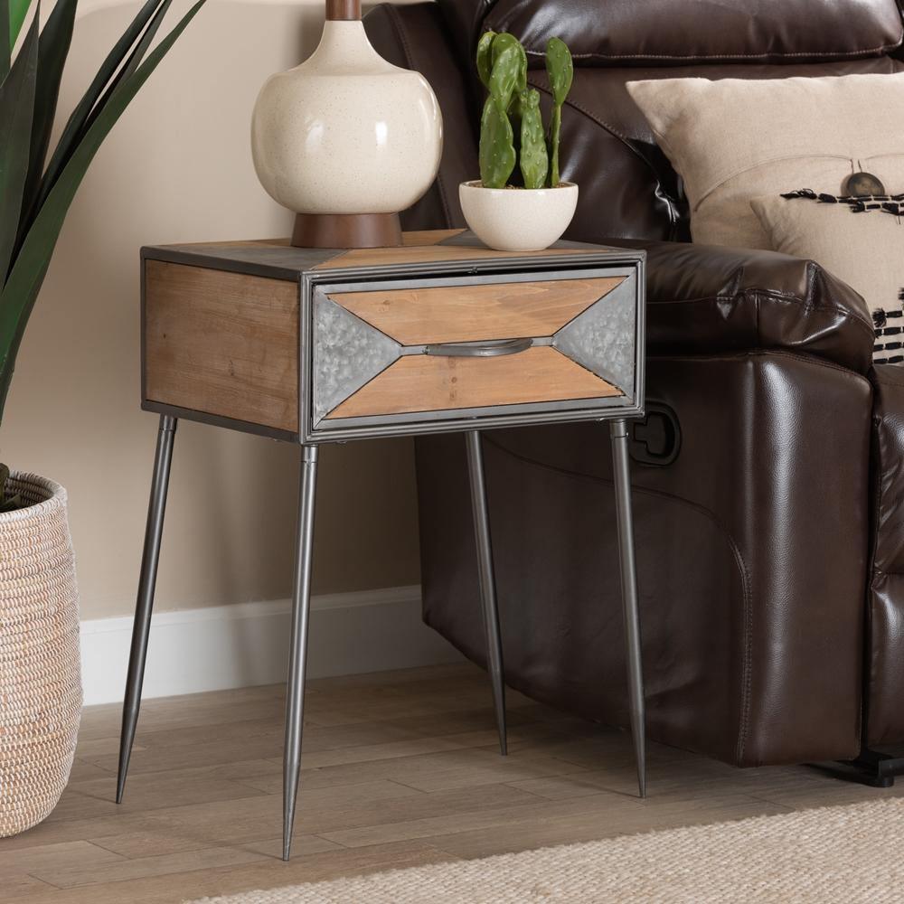Laurel Rustic Industrial Antique Grey Finished Metal and Whitewashed Oak Brown Finished Wood 1-Drawer Nightstand FredCo
