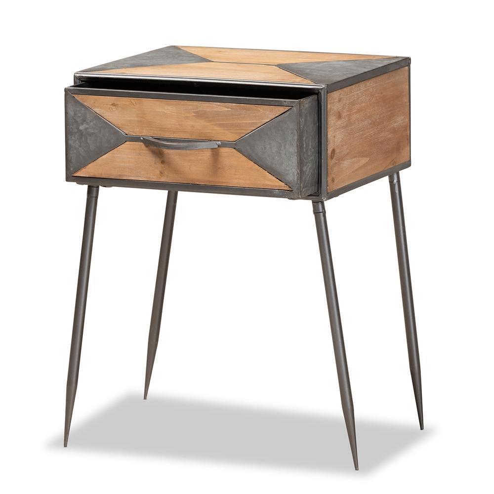 Laurel Rustic Industrial Antique Grey Finished Metal and Whitewashed Oak Brown Finished Wood 1-Drawer Nightstand FredCo