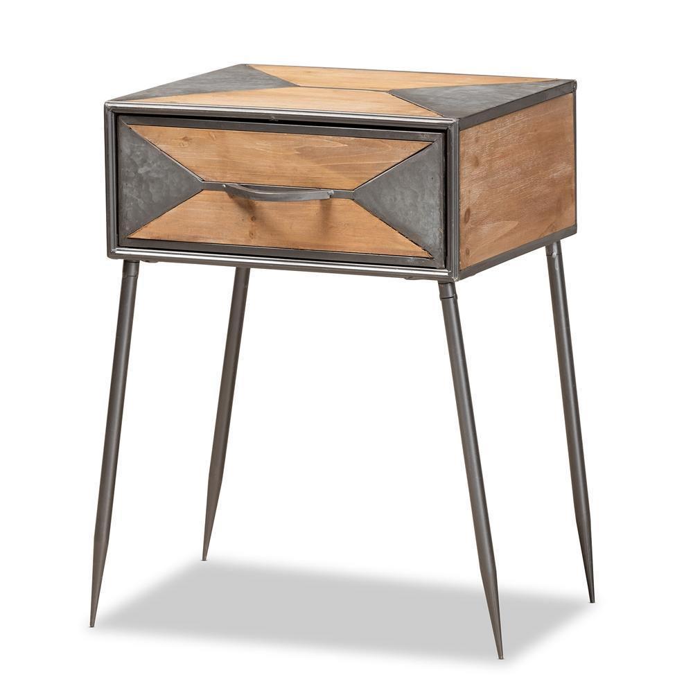 Laurel Rustic Industrial Antique Grey Finished Metal and Whitewashed Oak Brown Finished Wood 1-Drawer Nightstand FredCo