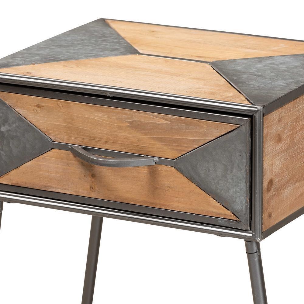 Laurel Rustic Industrial Antique Grey Finished Metal and Whitewashed Oak Brown Finished Wood 1-Drawer Nightstand FredCo