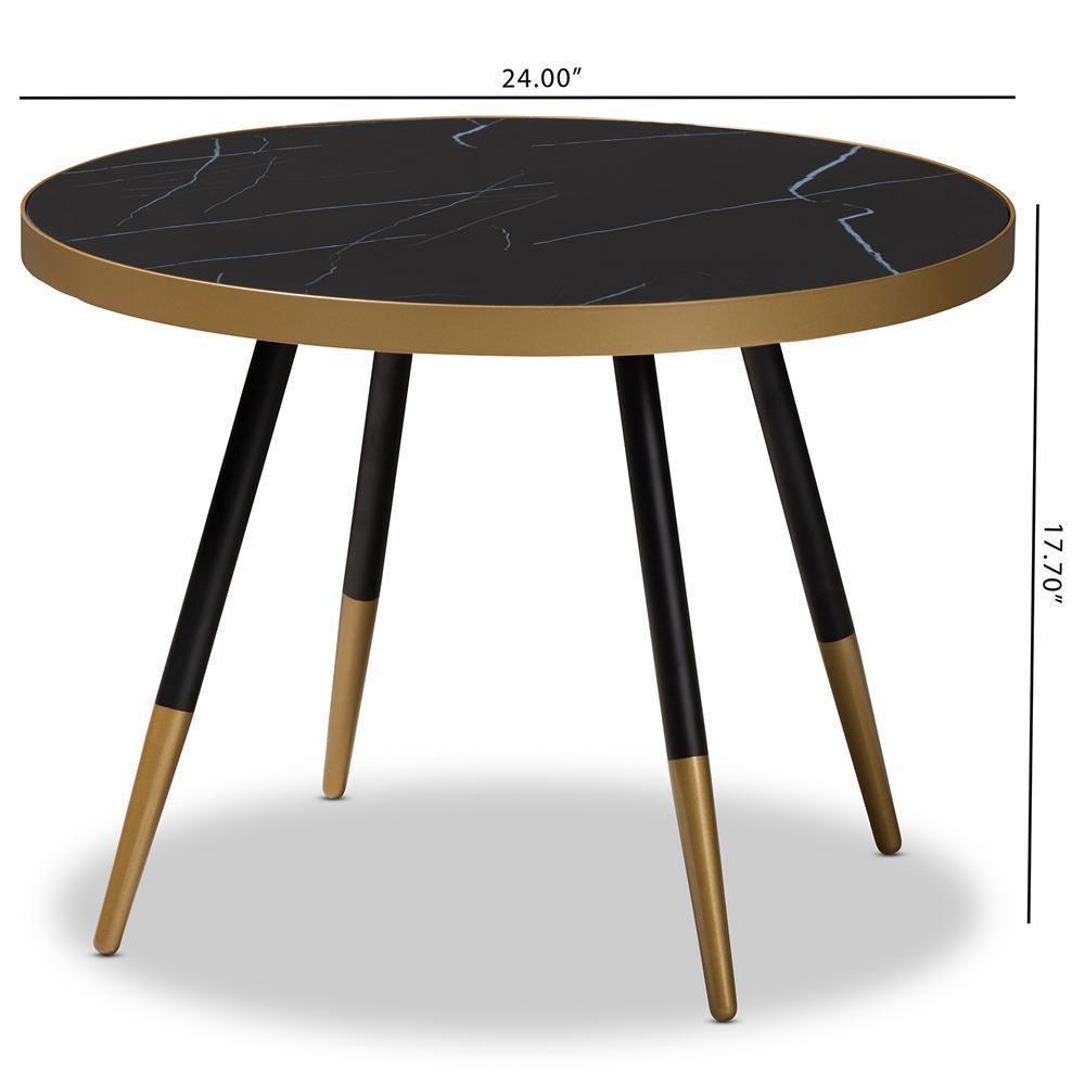 Lauro Modern and Contemporary Round Glossy Marble and Metal Coffee Table with Two-Tone Black and Gold Legs FredCo