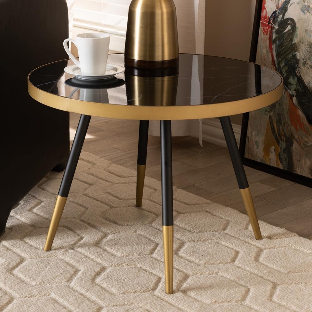 Lauro Modern and Contemporary Round Glossy Marble and Metal Coffee Table with Two-Tone Black and Gold Legs FredCo