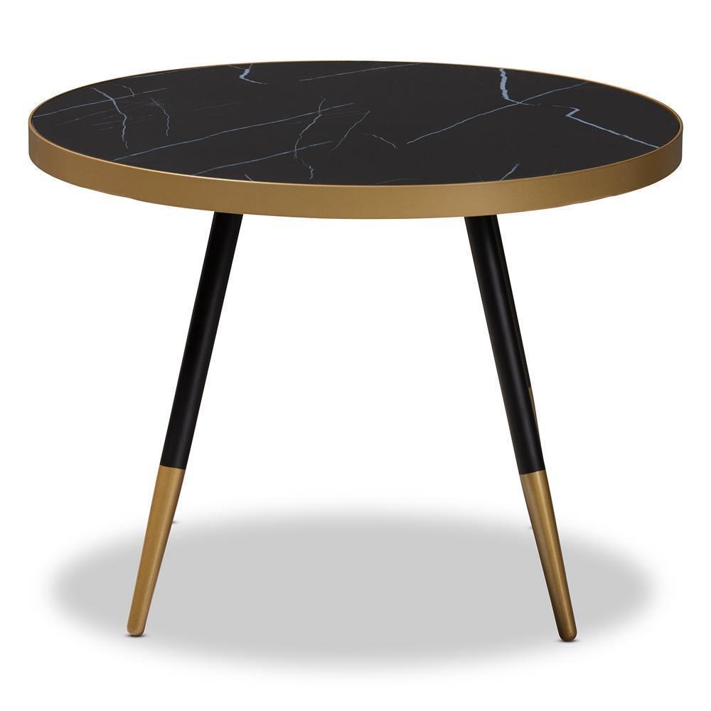 Lauro Modern and Contemporary Round Glossy Marble and Metal Coffee Table with Two-Tone Black and Gold Legs FredCo