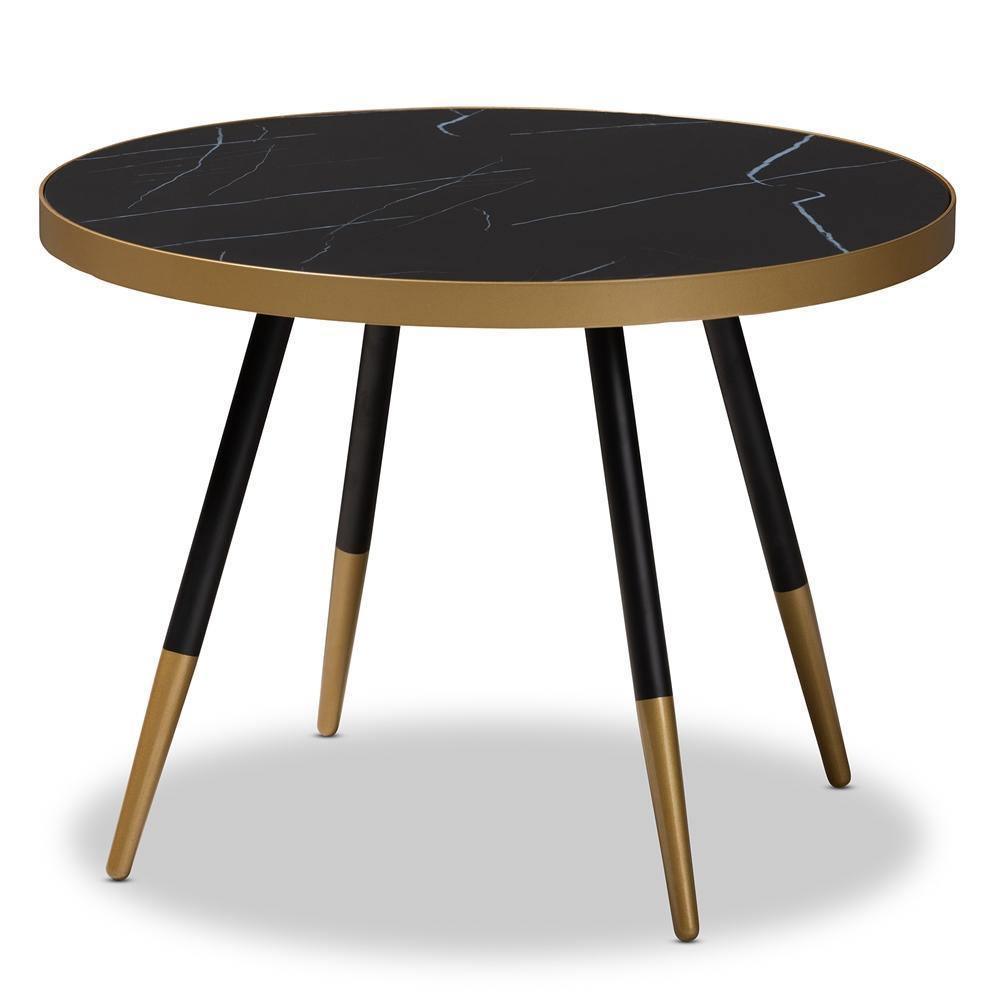Lauro Modern and Contemporary Round Glossy Marble and Metal Coffee Table with Two-Tone Black and Gold Legs FredCo