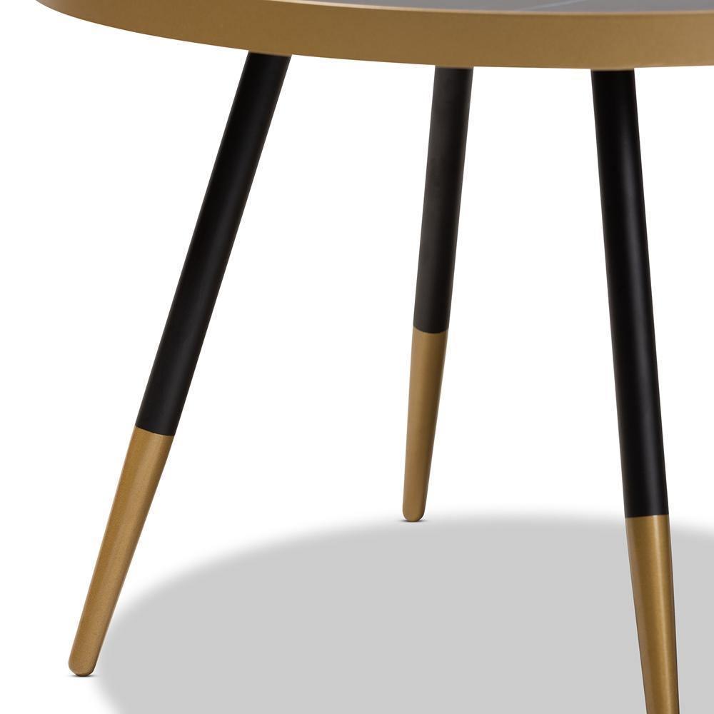Lauro Modern and Contemporary Round Glossy Marble and Metal Coffee Table with Two-Tone Black and Gold Legs FredCo