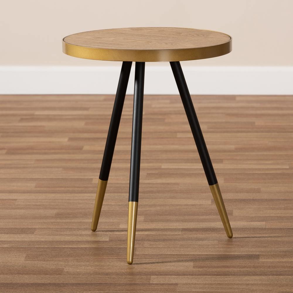 Lauro Modern and Contemporary Round Walnut Wood and Metal End Table with Two-Tone Black and Gold Legs FredCo
