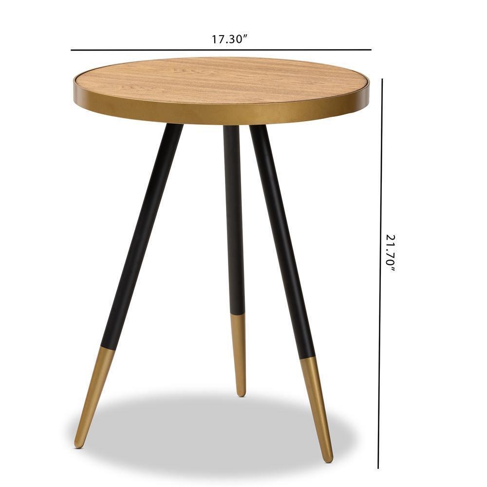 Lauro Modern and Contemporary Round Walnut Wood and Metal End Table with Two-Tone Black and Gold Legs FredCo
