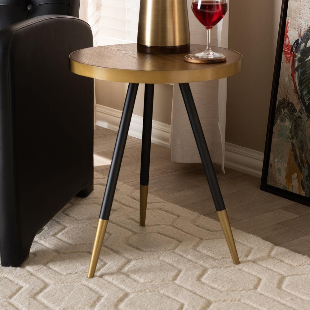 Lauro Modern and Contemporary Round Walnut Wood and Metal End Table with Two-Tone Black and Gold Legs FredCo