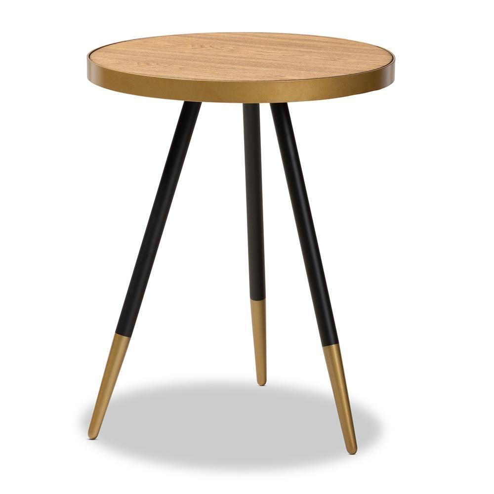 Lauro Modern and Contemporary Round Walnut Wood and Metal End Table with Two-Tone Black and Gold Legs FredCo