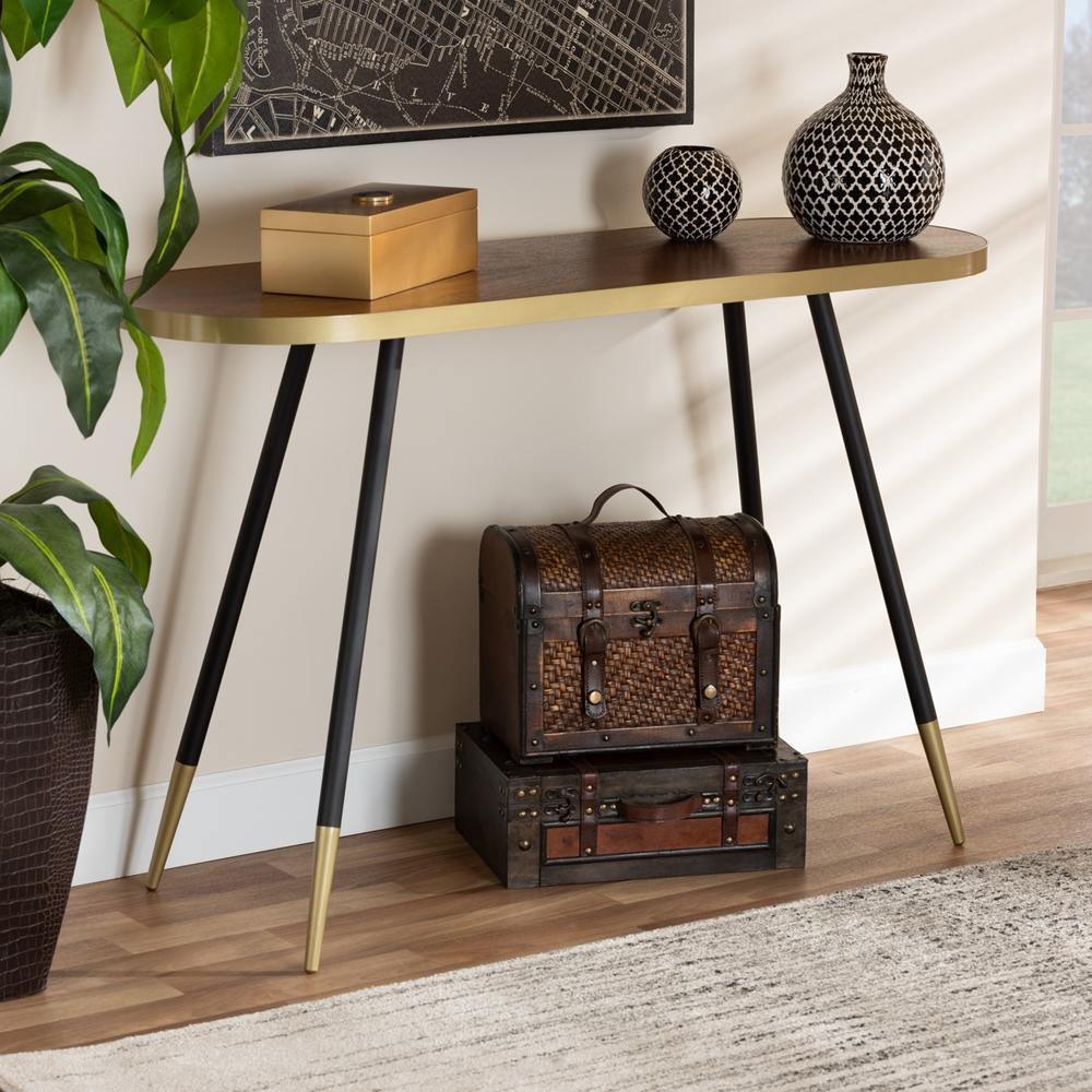 Lauro Modern and Contemporary Walnut Wood Finished and Two-Tone Gold and Black Metal Console Table FredCo