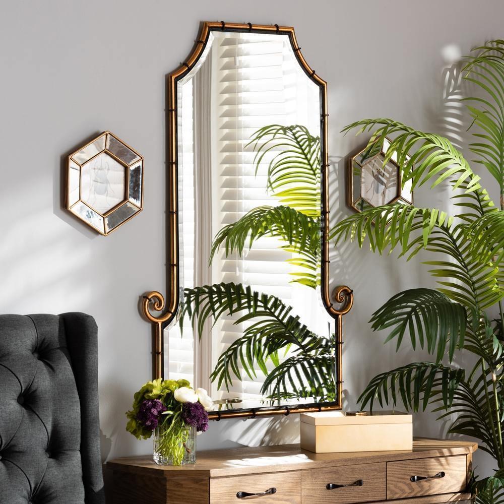 Layan Glamourous Hollywood Regency Style Gold Finished Metal Bamboo Inspired Accent Wall Mirror FredCo
