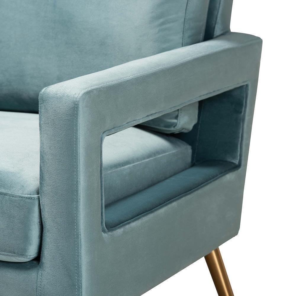 Leland Glam and Luxe Light Blue Velvet Fabric Upholstered and Gold Finished Armchair FredCo