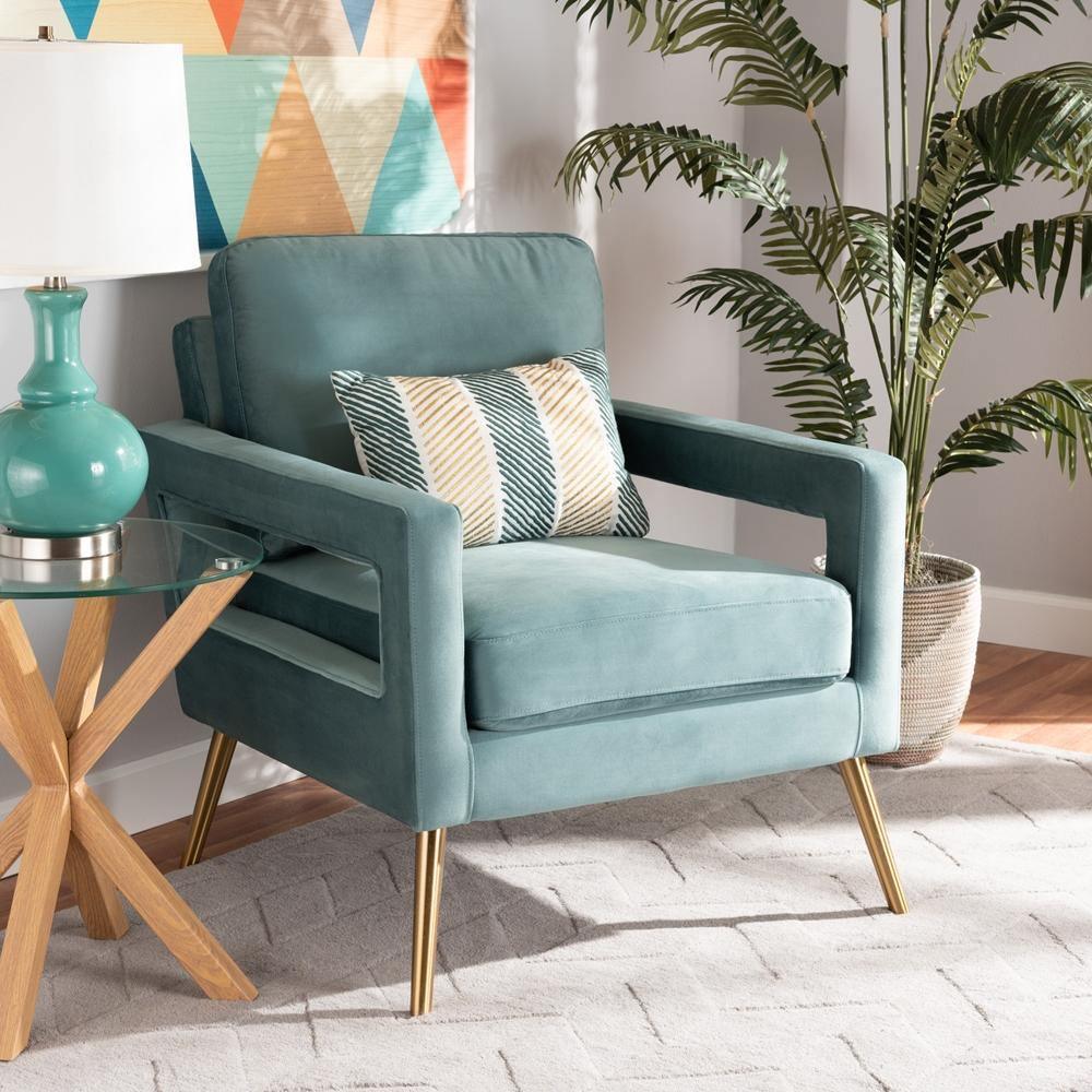 Leland Glam and Luxe Light Blue Velvet Fabric Upholstered and Gold Finished Armchair FredCo