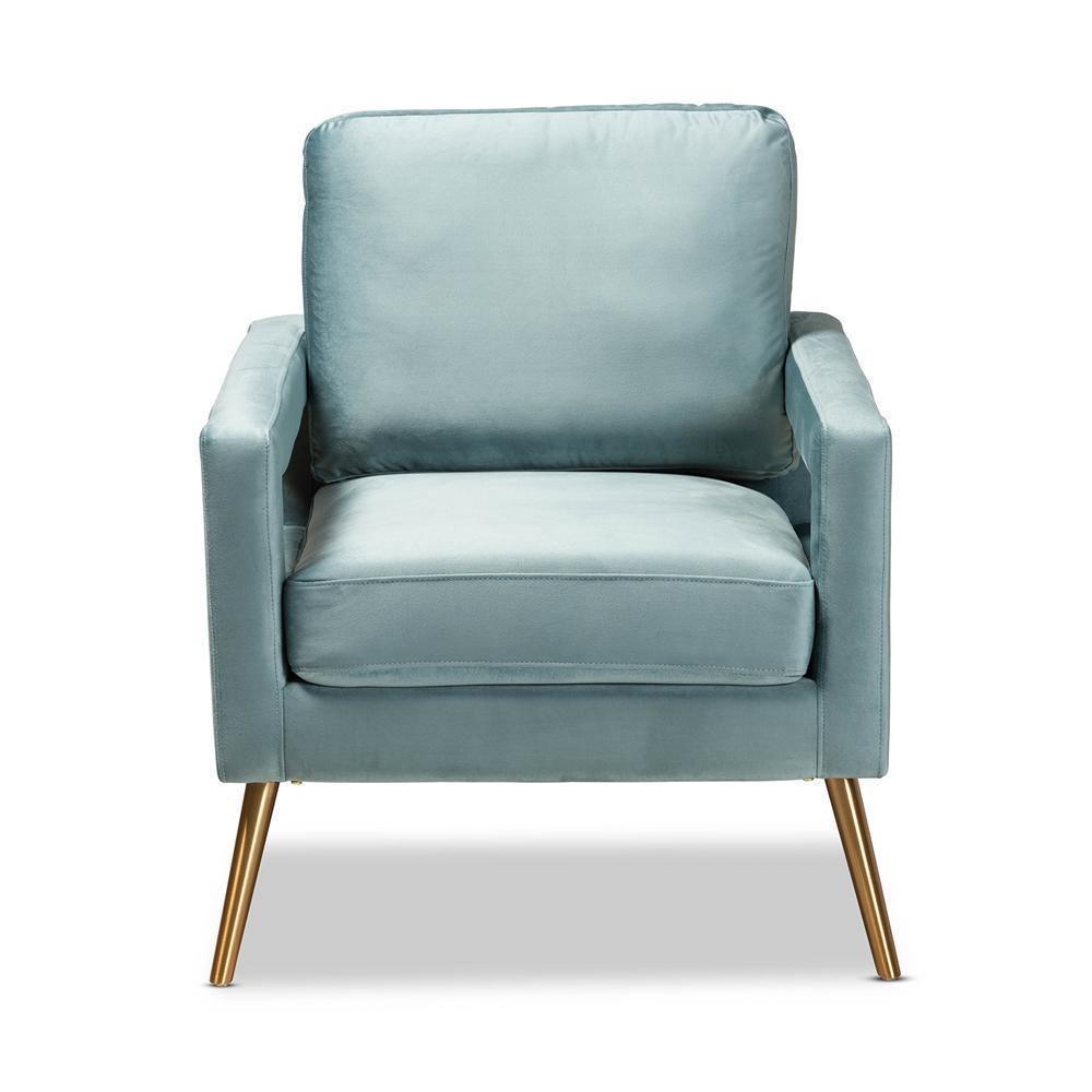 Leland Glam and Luxe Light Blue Velvet Fabric Upholstered and Gold Finished Armchair FredCo