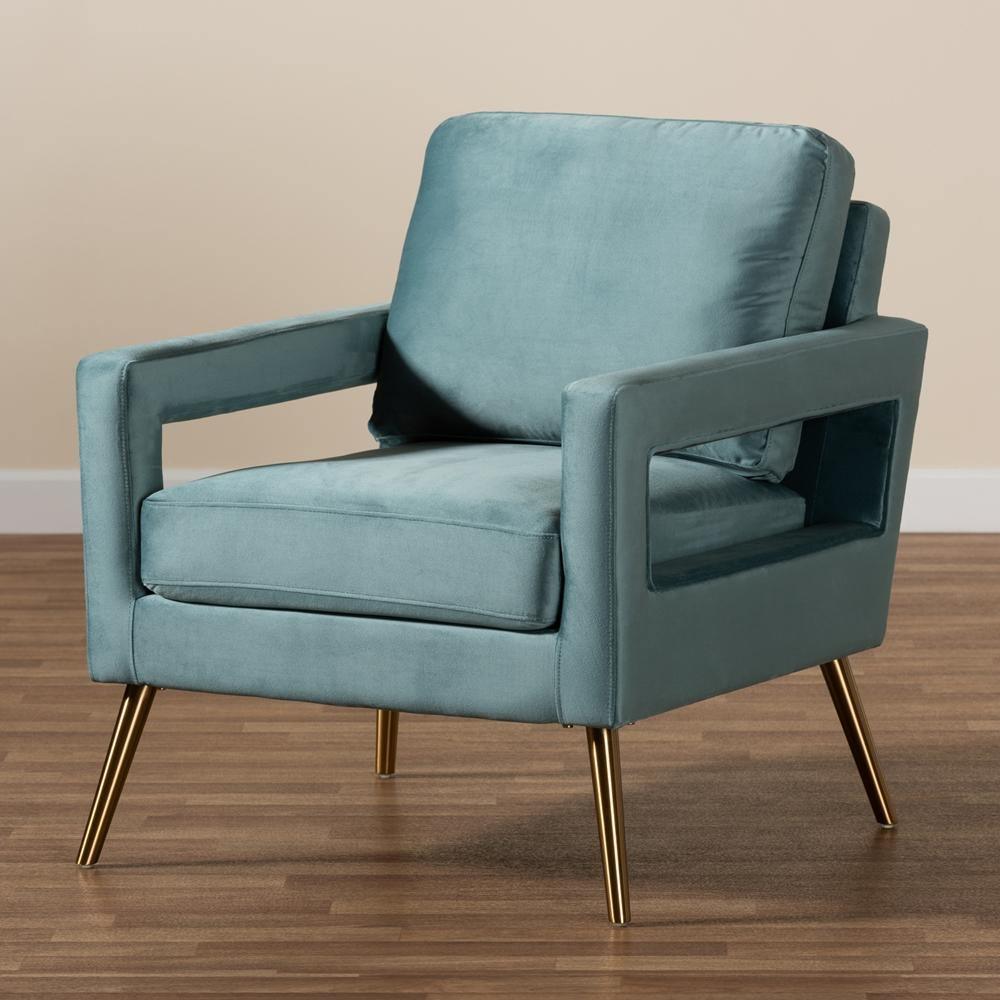 Leland Glam and Luxe Light Blue Velvet Fabric Upholstered and Gold Finished Armchair FredCo