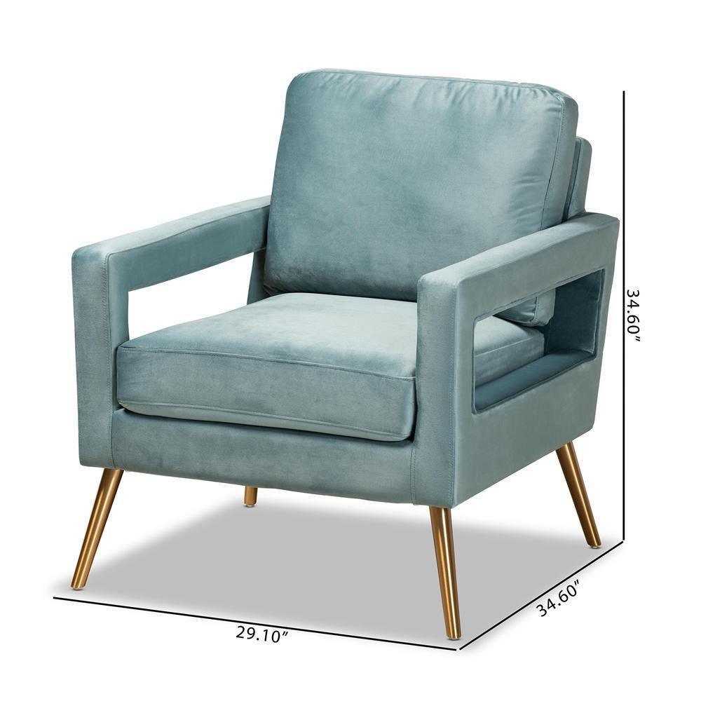 Leland Glam and Luxe Light Blue Velvet Fabric Upholstered and Gold Finished Armchair FredCo