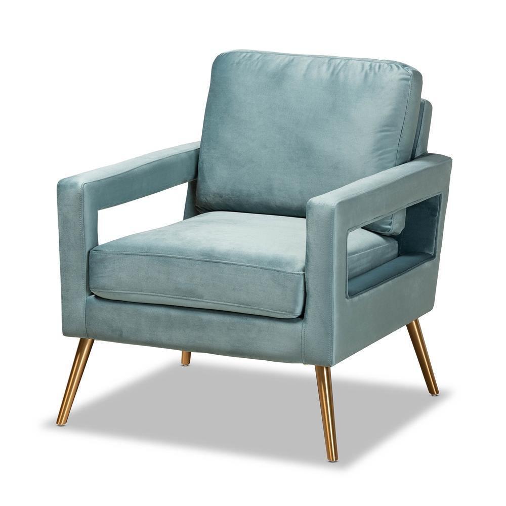 Leland Glam and Luxe Light Blue Velvet Fabric Upholstered and Gold Finished Armchair FredCo