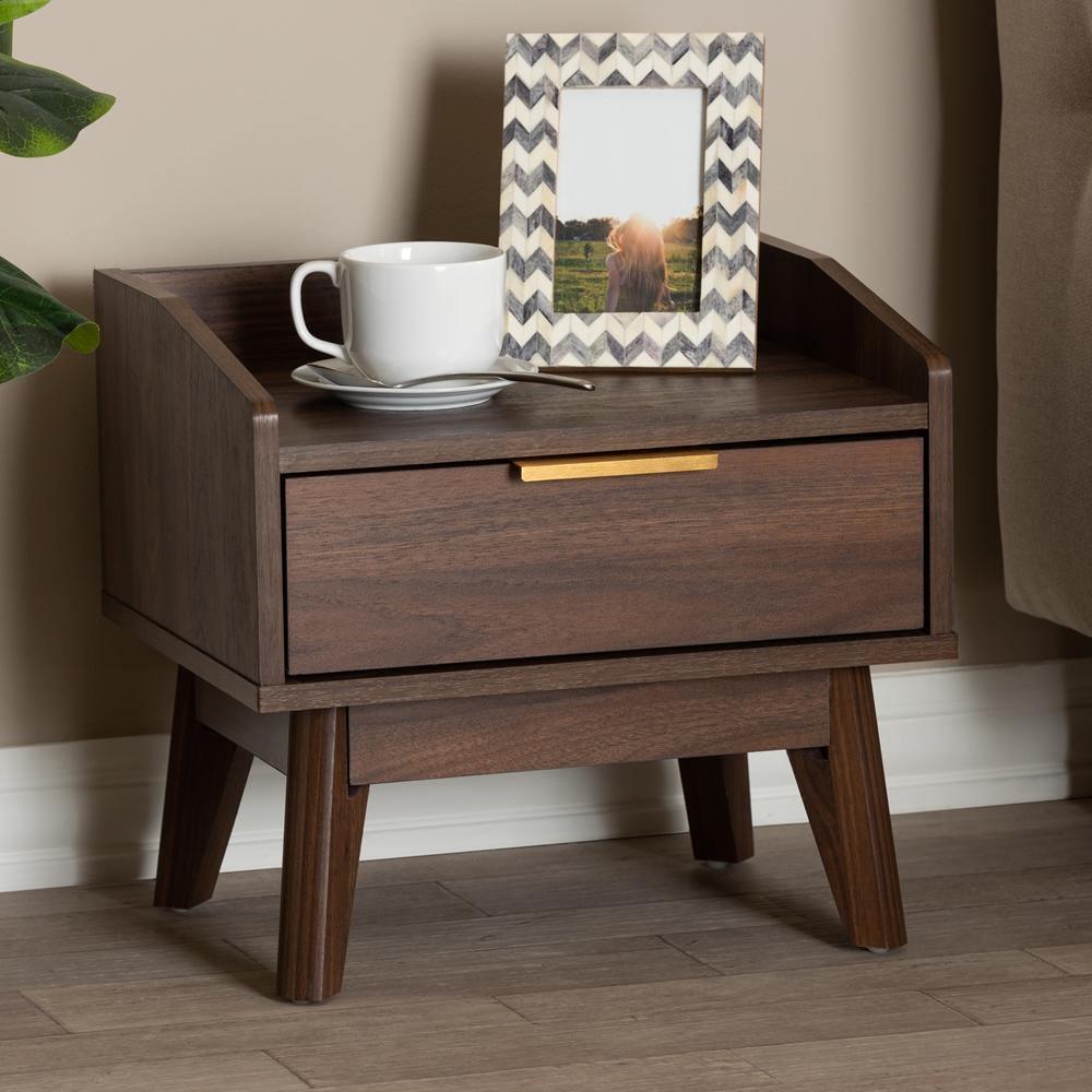Lena Mid-Century Modern Walnut Brown Finished 1-Drawer Wood Nightstand FredCo