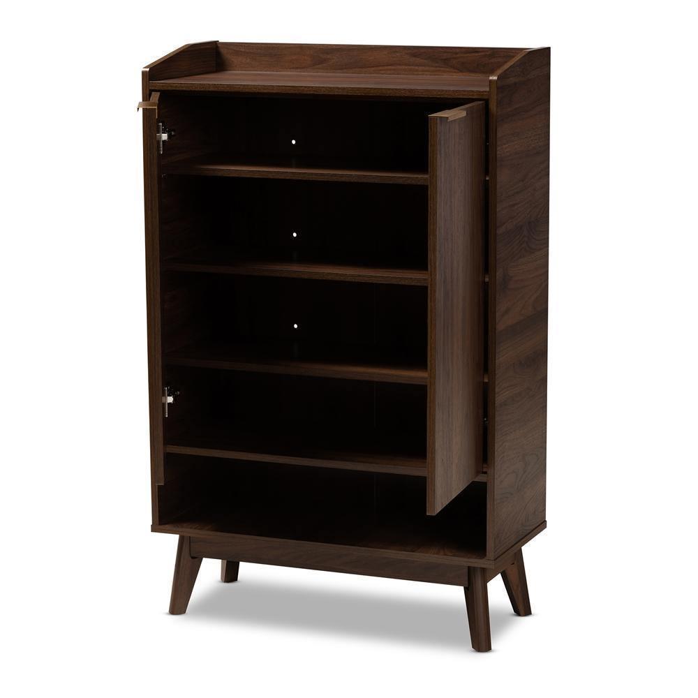 Lena Mid-Century Modern Walnut Brown Finished 5-Shelf Wood Entryway Shoe Cabinet FredCo