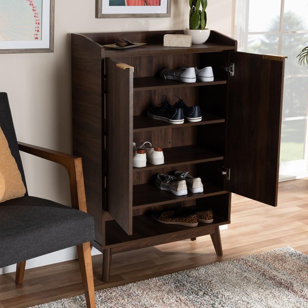 Lena Mid-Century Modern Walnut Brown Finished 5-Shelf Wood Entryway Shoe Cabinet FredCo