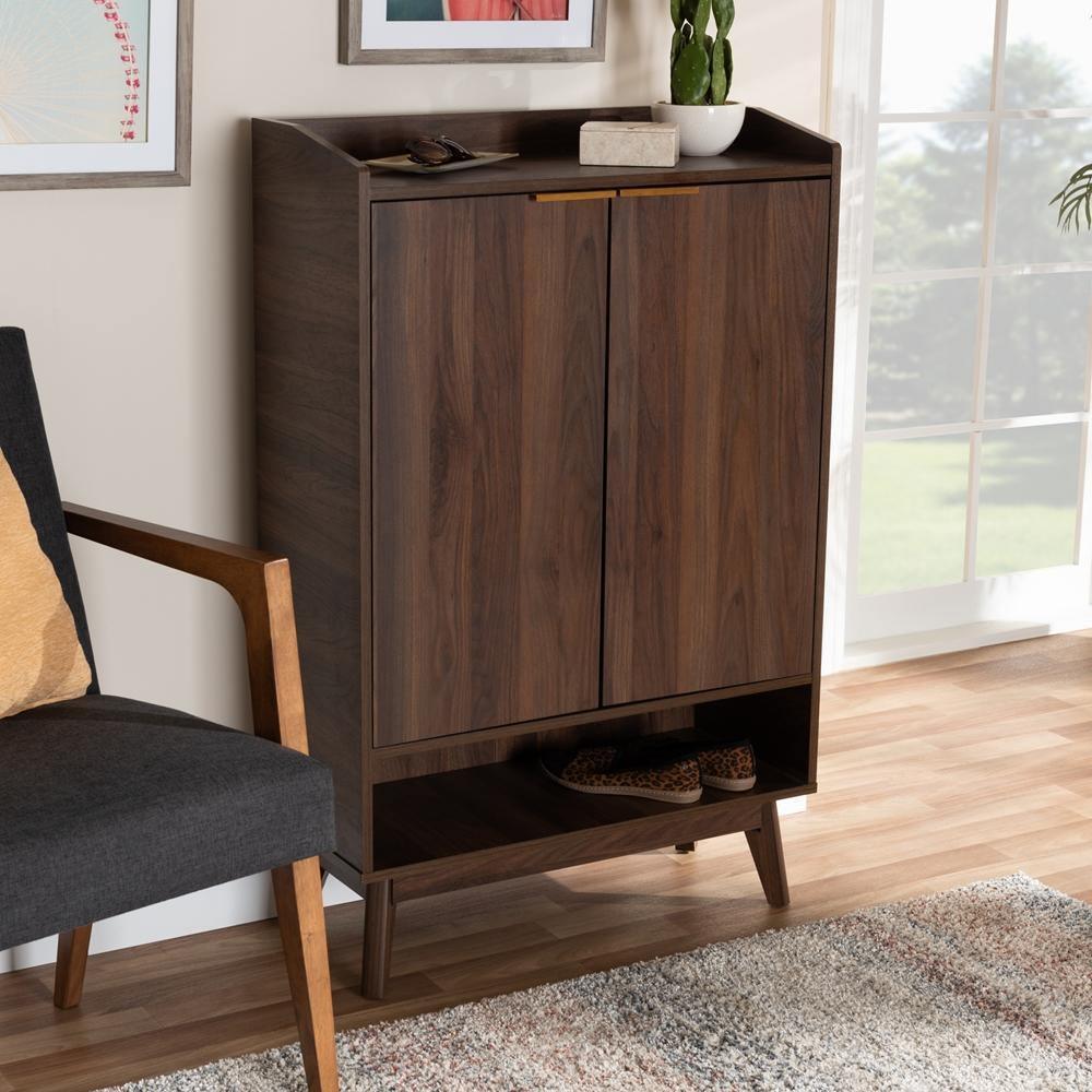 Lena Mid-Century Modern Walnut Brown Finished 5-Shelf Wood Entryway Shoe Cabinet FredCo