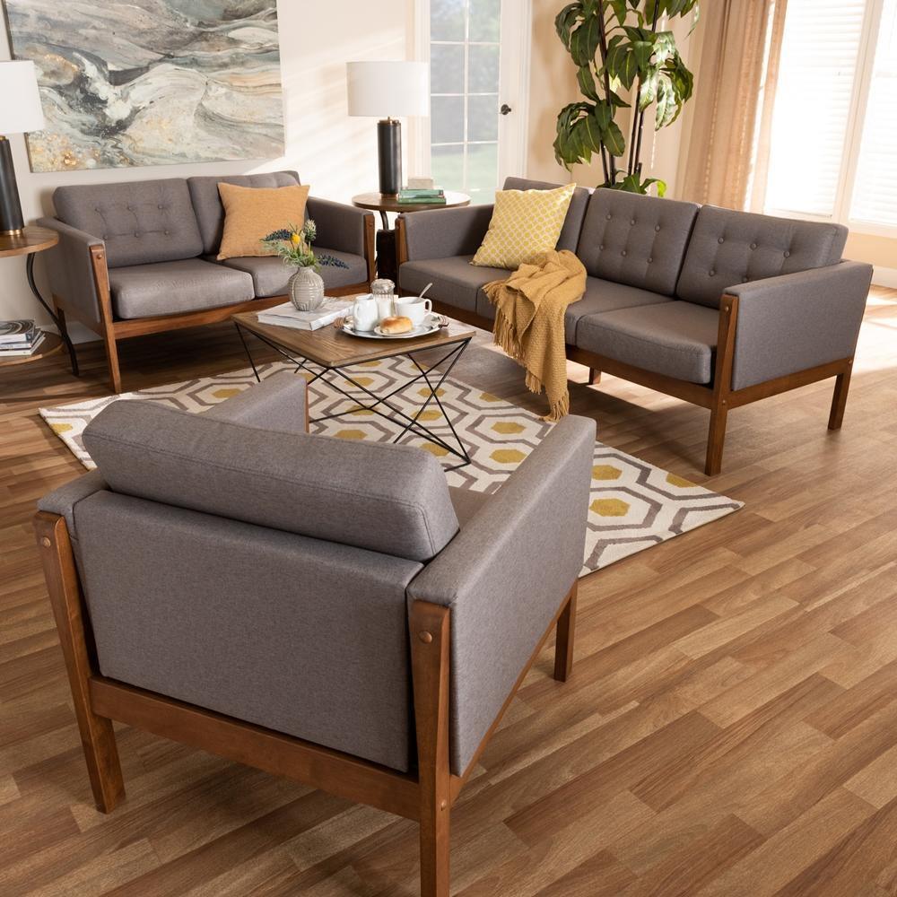 Lenne Mid-Century Modern Grey Fabric Upholstered Walnut Finished 3-Piece Living Room Set FredCo