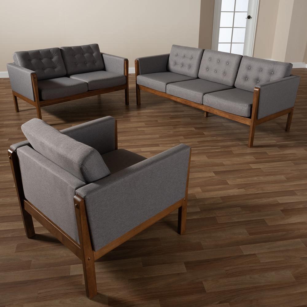 Lenne Mid-Century Modern Grey Fabric Upholstered Walnut Finished 3-Piece Living Room Set FredCo