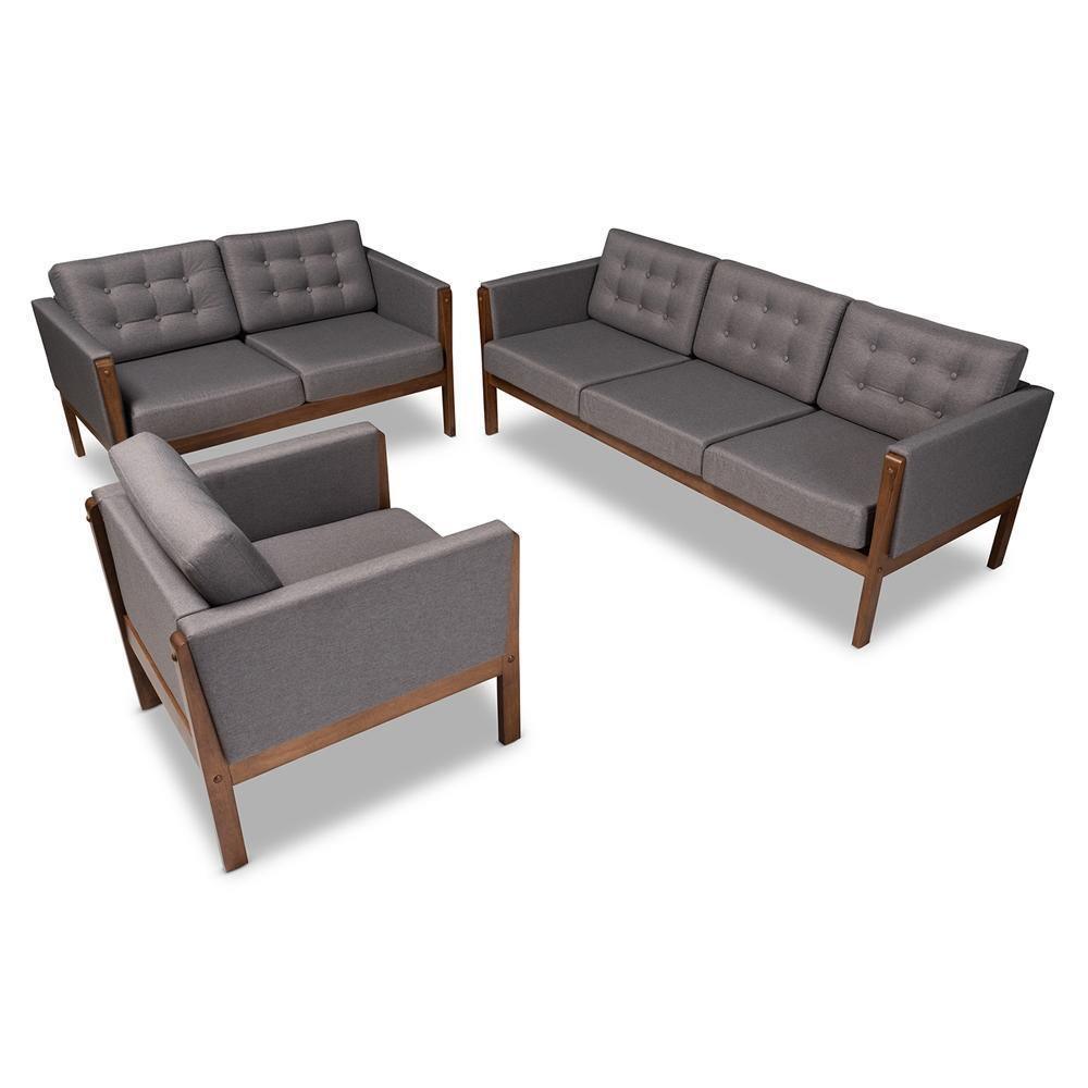 Lenne Mid-Century Modern Grey Fabric Upholstered Walnut Finished 3-Piece Living Room Set FredCo