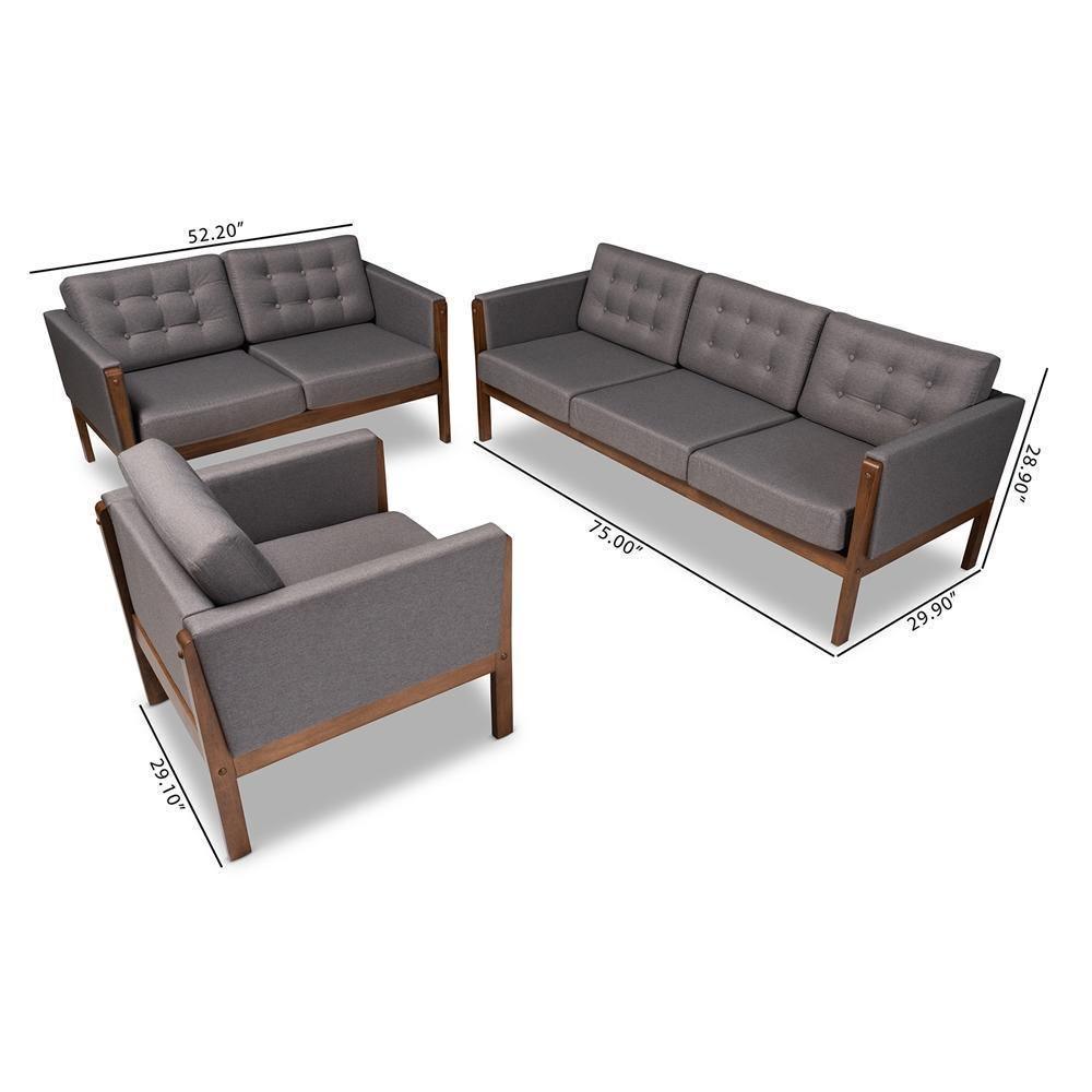 Lenne Mid-Century Modern Grey Fabric Upholstered Walnut Finished 3-Piece Living Room Set FredCo