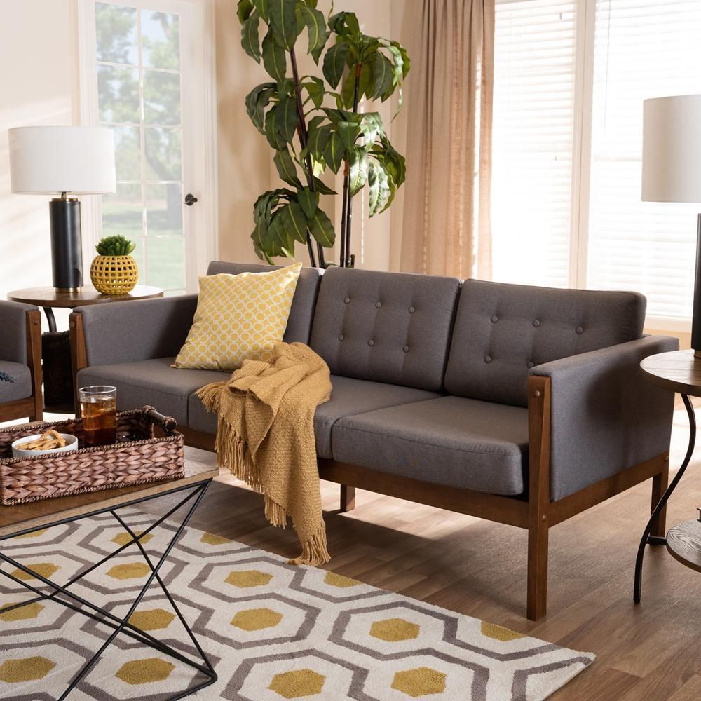 Lenne Mid-Century Modern Grey Fabric Upholstered Walnut Finished Sofa FredCo