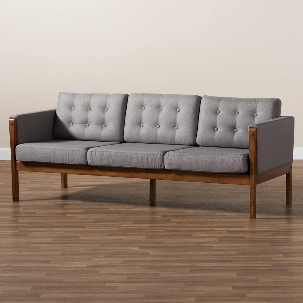 Lenne Mid-Century Modern Grey Fabric Upholstered Walnut Finished Sofa FredCo