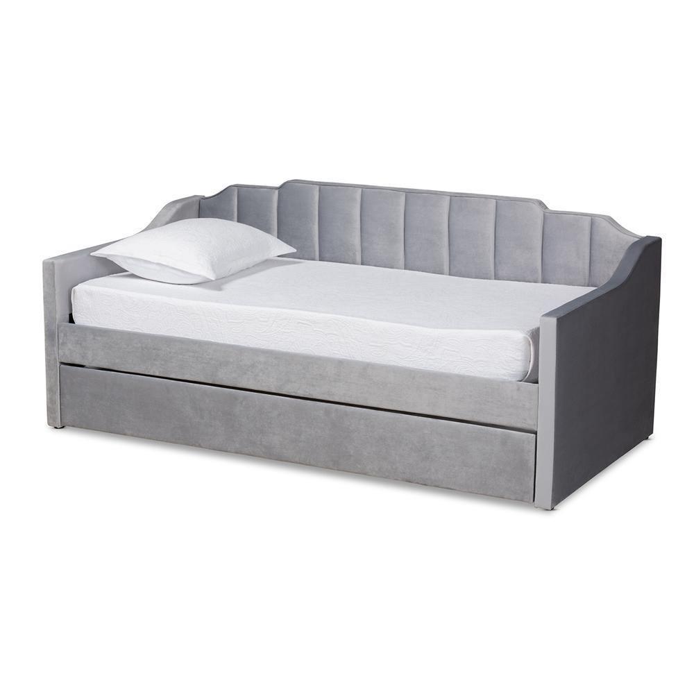 Lennon Modern and Contemporary Grey Velvet Fabric Upholstered Twin Size Daybed with Trundle FredCo