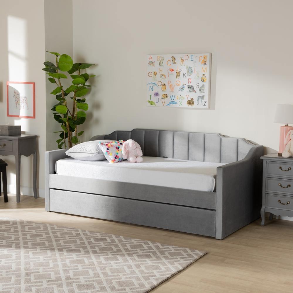 Lennon Modern and Contemporary Grey Velvet Fabric Upholstered Twin Size Daybed with Trundle FredCo