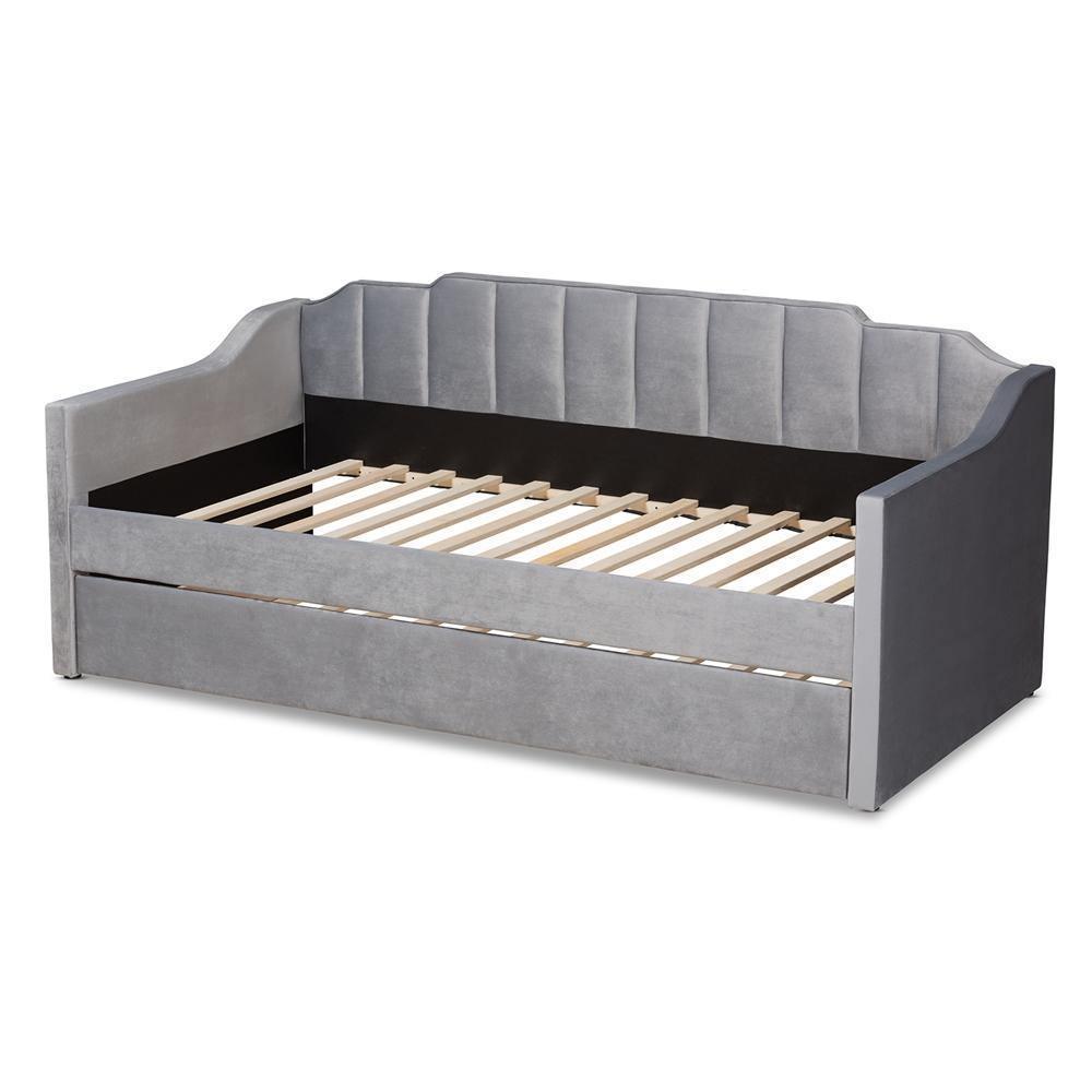 Lennon Modern and Contemporary Grey Velvet Fabric Upholstered Twin Size Daybed with Trundle FredCo