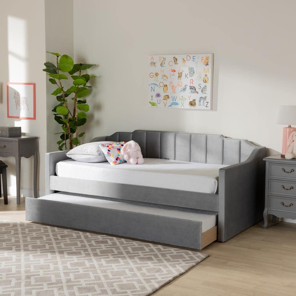 Lennon Modern and Contemporary Grey Velvet Fabric Upholstered Twin Size Daybed with Trundle FredCo