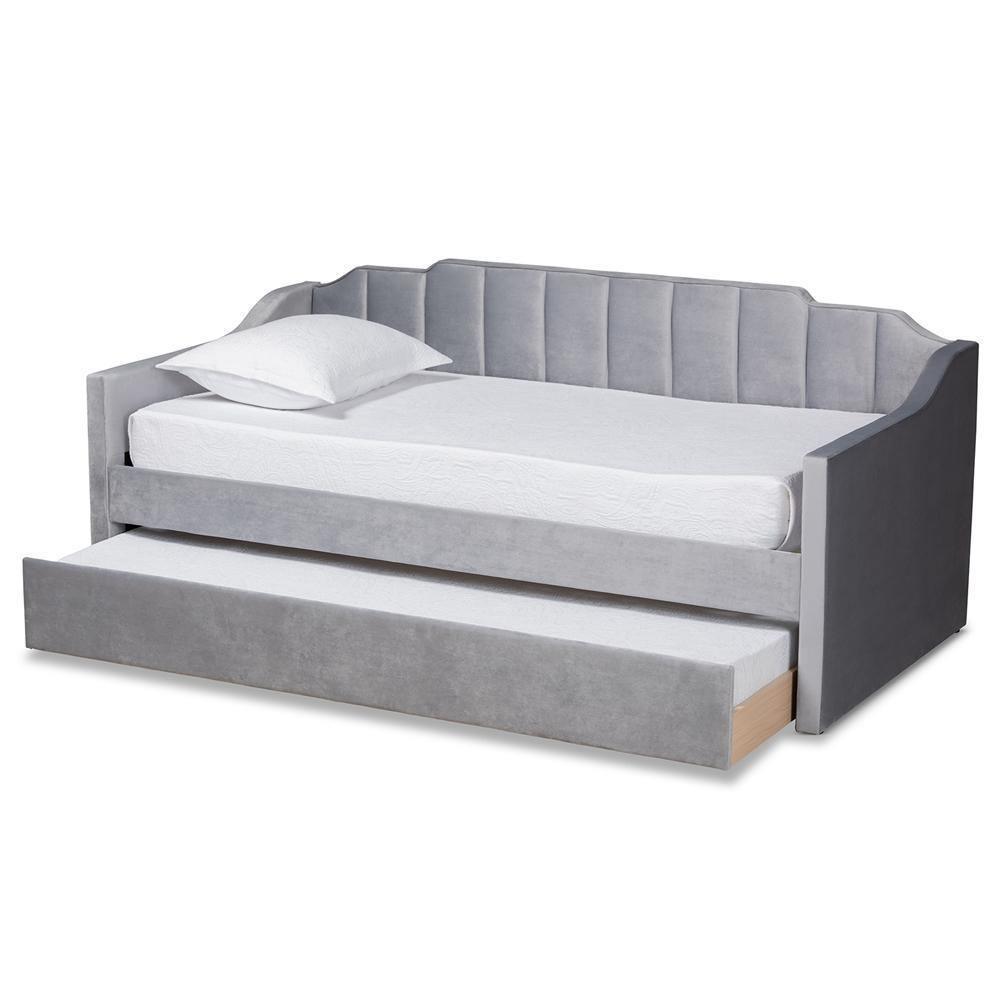 Lennon Modern and Contemporary Grey Velvet Fabric Upholstered Twin Size Daybed with Trundle FredCo