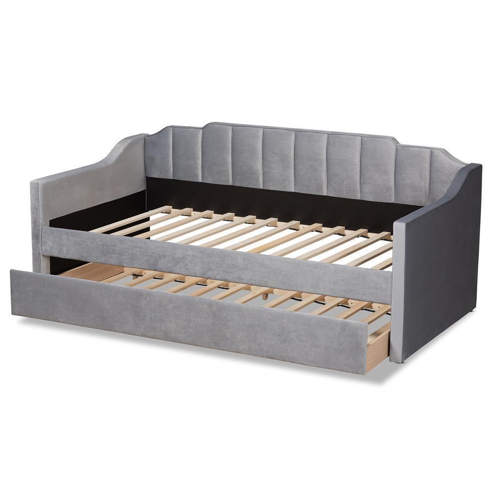 Lennon Modern and Contemporary Grey Velvet Fabric Upholstered Twin Size Daybed with Trundle FredCo