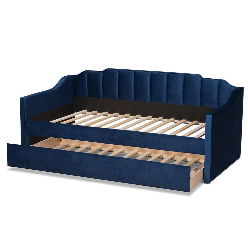 Lennon Modern and Contemporary Navy Blue Velvet Fabric Upholstered Twin Size Daybed with Trundle FredCo
