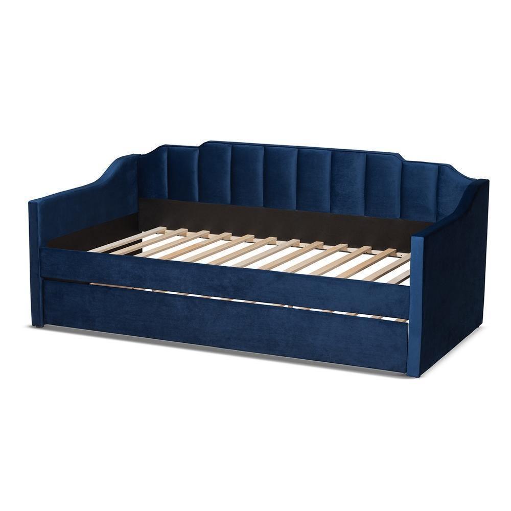 Lennon Modern and Contemporary Navy Blue Velvet Fabric Upholstered Twin Size Daybed with Trundle FredCo