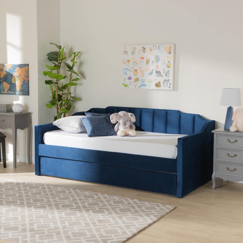 Lennon Modern and Contemporary Navy Blue Velvet Fabric Upholstered Twin Size Daybed with Trundle FredCo